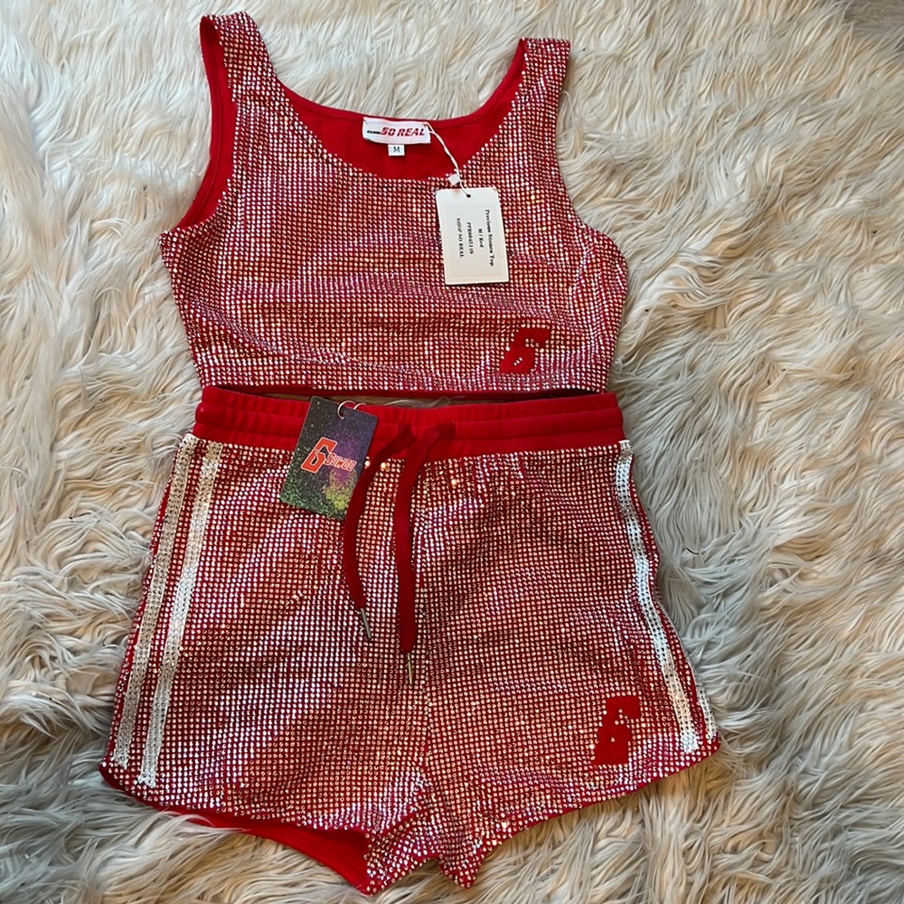 Gsuwoo precious stones bling top and shorts set - RED